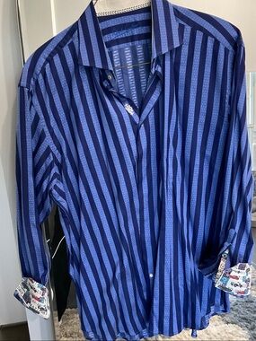Robert Graham Navy and Royal Blue Vertical Stripe Dress Shirt